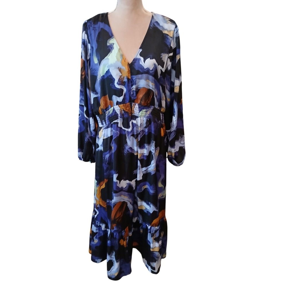 Nine West Art Swirl Tiered V-Neck Maxi Dress Blue Black Smocked Long Sleeve XXL